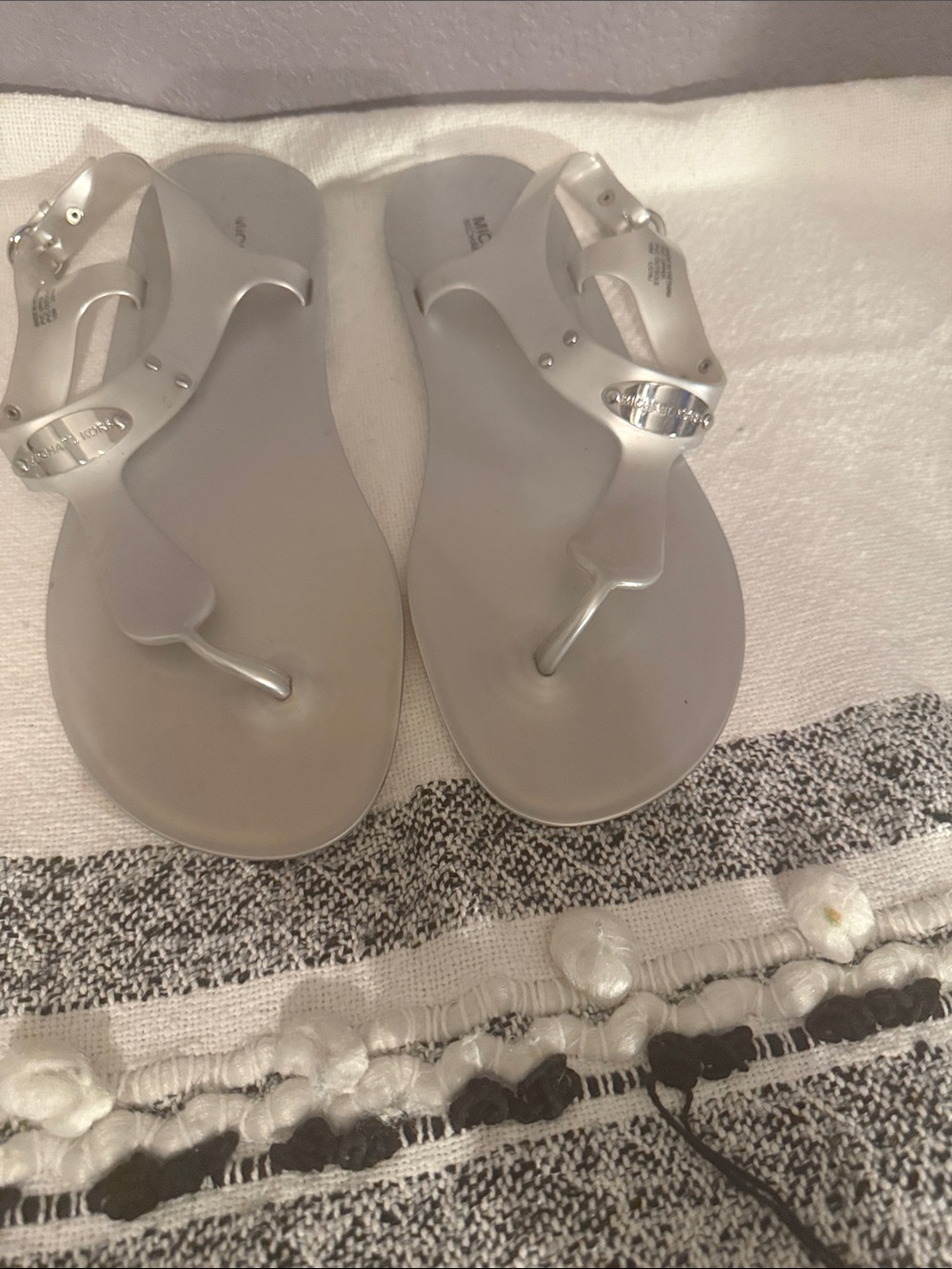 Michael Kors Metallic Silver T-Strap Jelly Sandals